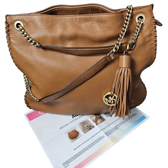 MICHAEL KORS Whipped Chelsea Brown Leather Gold Chain Large Shoulder Bag COA - Picture 12 of 15